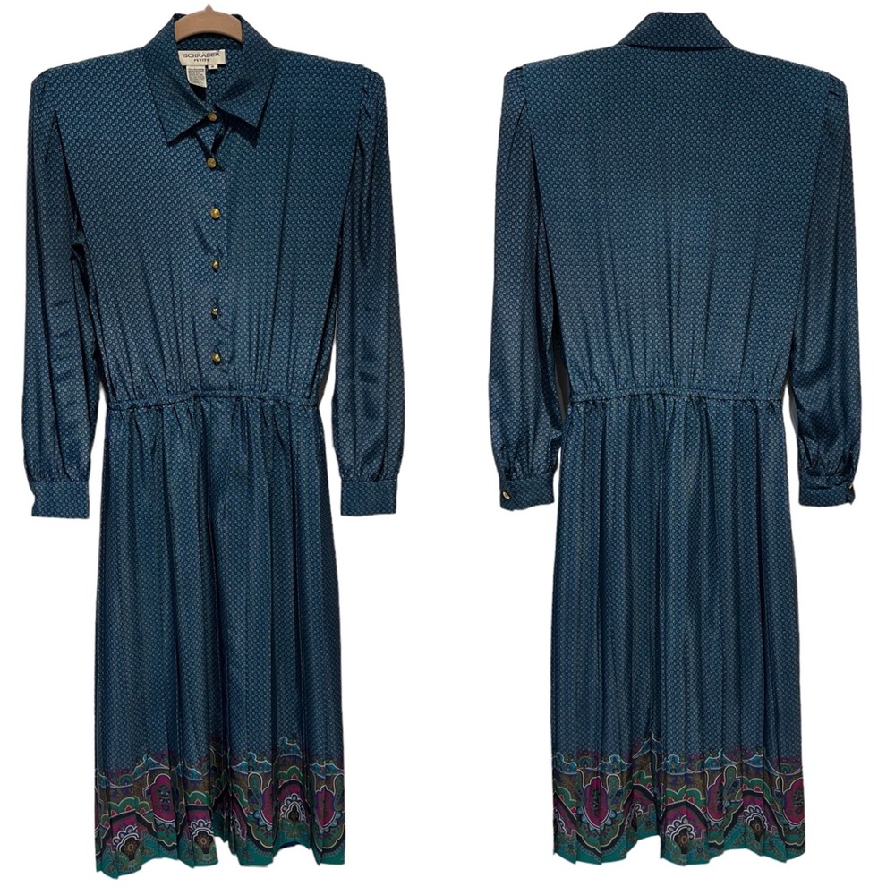 Vtg 80s Schrader Petite Floral Paisley Pleated Midi Dress Size 8